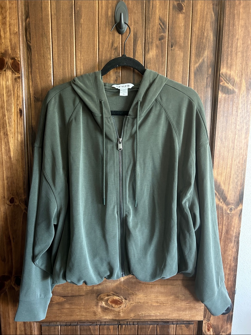 Athleta Olive Zip Front Hooded Bubble Hem Jacket